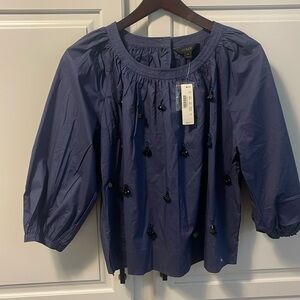J crew small navy blue beaded smock neck blouse puffed sleeves new never worn